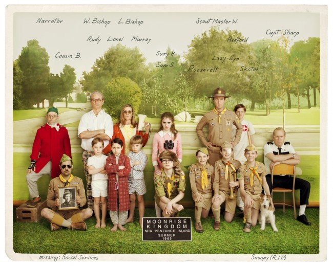 (l to r.) Bob Balaban as the Narrator, Jason Schwartzman as Cousin Ben, Bill Murray as Mr. Bishop, Wyatt Ralff as Rudy, Jake Ryan as Lionel, Frances McDormand as Mrs. Bishop, Tanner Flood as Murray, Kara Hayward as Suzy, Jared Gilman as Sam, Seamus Davey-Fitzpatrick as Roosevelt, Edward Norton as Scout Master Ward, Charlie Kilgore as Lazy-Eye,  Lucas Hedges as Redford, Gabriel Rush as Skotak, and Bruce Willis as Captain Sharp in Wes Anderson's MOONRISE KINGDOM, a Focus Features release.